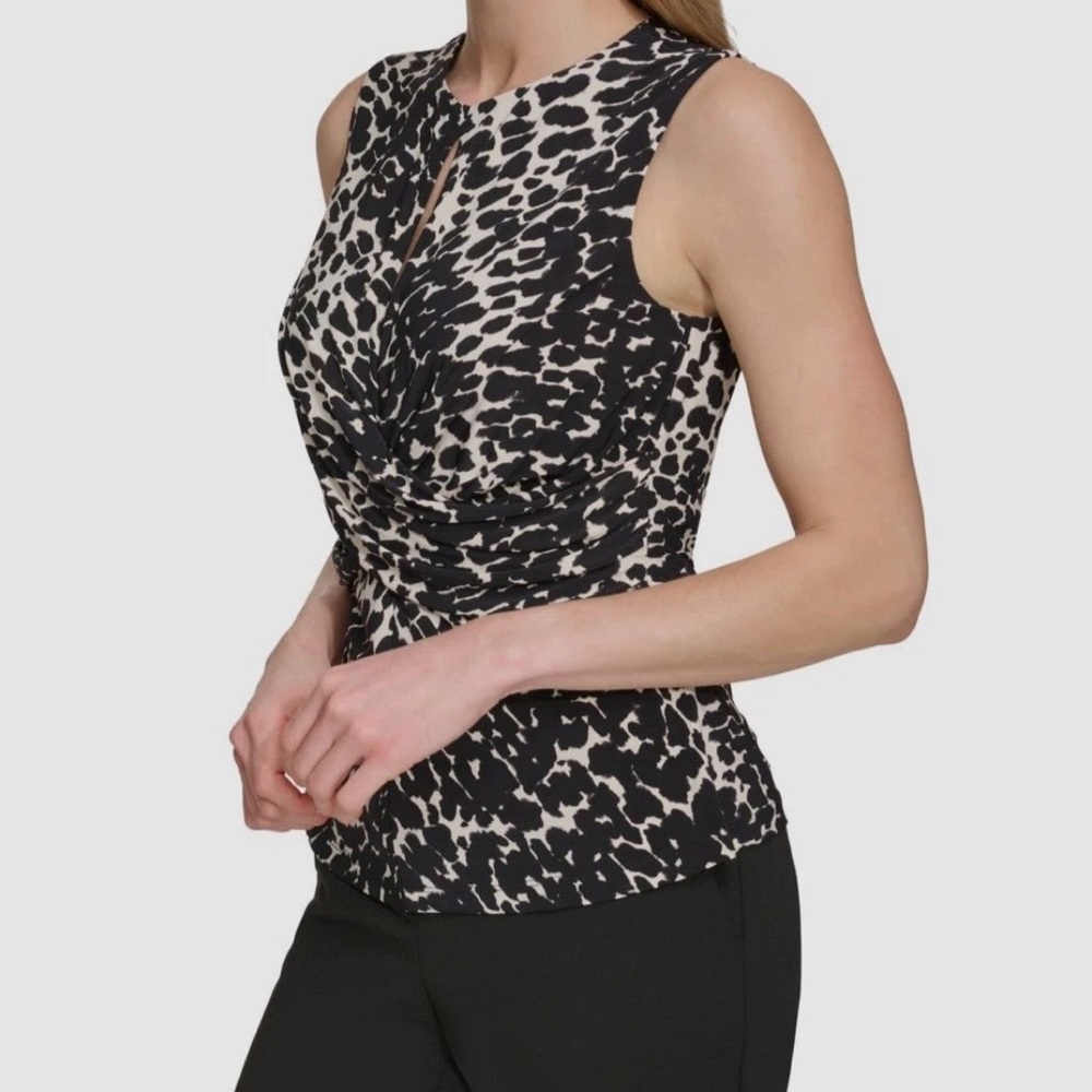 DKNY Black and Cream Animal Print Sleeveless Drape Front Top